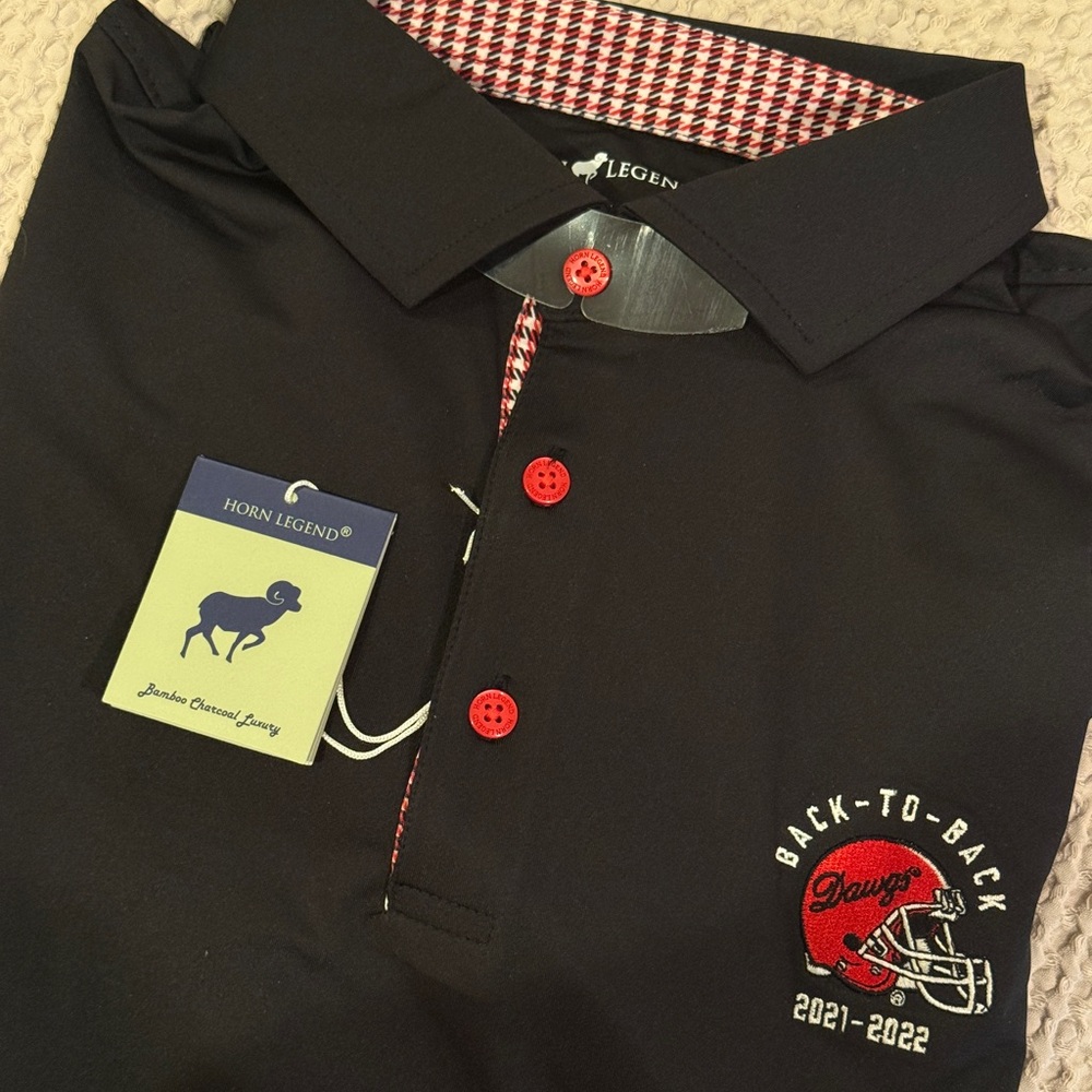 NWT Georgia Dawgs Horn Legend Black Polo Shirt with Red Houndstooth Detailing